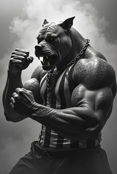 
pitbull with tattooed human body and very strong wearing a chain around his neck black and white shirt vertical stripes expression of angry dog pumped up anabolic muscle man ready to fight smoke background clenched fist close to his face fighting position...