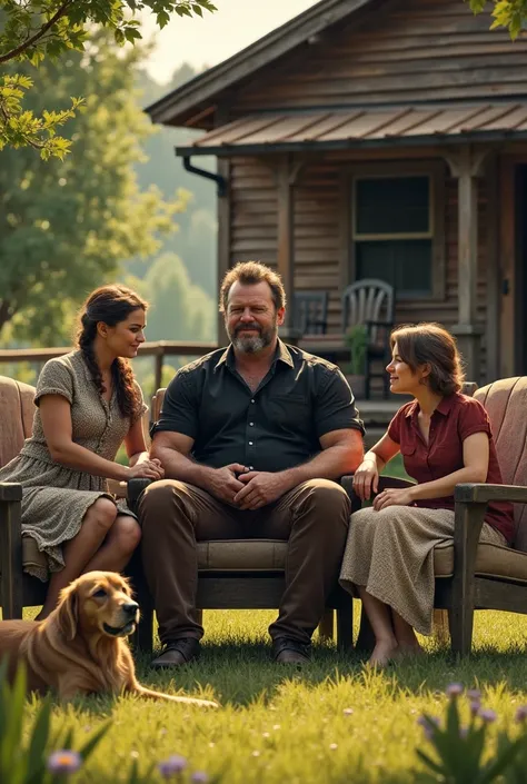 Create a muscular Arthur Morgan dressed in a black dress shirt and brown tailored pants sitting on a chair in the backyard of his small wooden house in Tennessee, USA., together with his wife, 2 children and a dog, on a sunny day