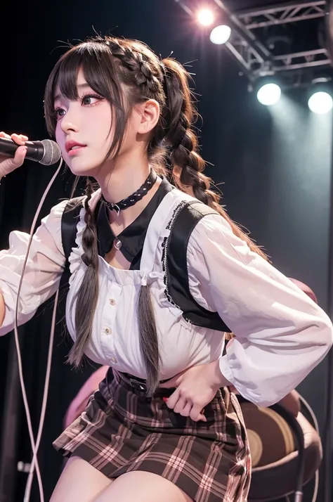 Live house stage、vocalist、Large Breasts、8k,high quality, Very detailedな, 最high quality, Very detailed, Beautiful Japanese Girl、punk band costumes、Dark pink eye makeup、Thick eyelashes、White skin、Braided twin tails、Brownish gray hair、Bring your arms together...