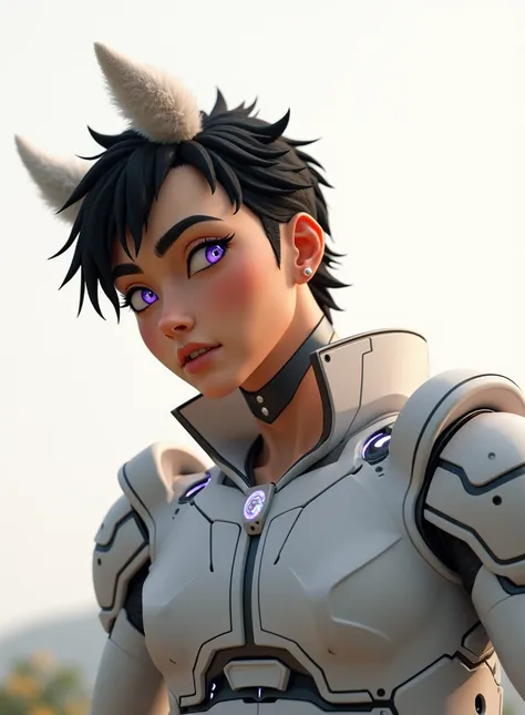 Robotic, anime cartoon animal ears, Violet eyes, black hair, 