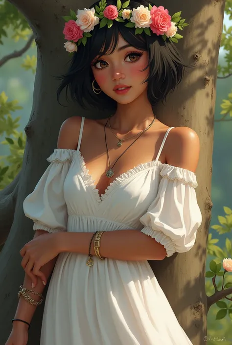 woman, black hair, tomboy haircut, very small breasts, thin waist, stylish white peasant style dress with neckline, light brown eyes, dark brown skin, flower crown, Tomboy style, leaning against the tree, smiling, fly away, sword at her side