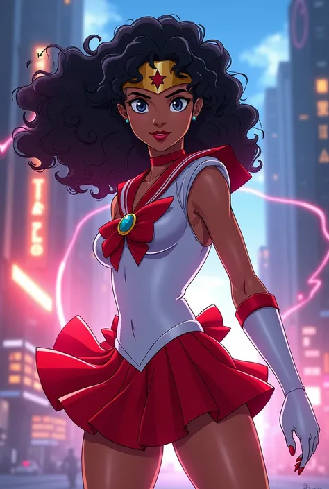 Sailor Mars, an African-American woman with curly hair in a 90s cartoon