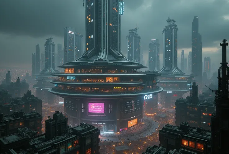 Make an image of a cyberpunk city, divided into layers, the higher the layer, the more sophisticated the structures, do not make three layers, at the top I put tall white buildings, with large windows, and in the center of the top layer make an extremely t...