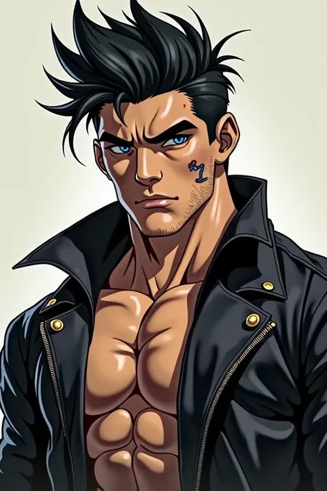 Create a young and very strong man with big and voluminous black hair, with blue eyes and a scar on his mouth. Wearing a black leather jacket.