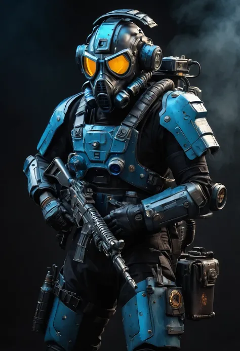 a futuristic automaton, gas mask, antenna on helmet, black color armor, skull markings on armor, radio pack, holding a gun, pouches on armor, grenade bandolier, blue visor, mecha, mechanical parts, military, full body shot, dark background, highly detailed...