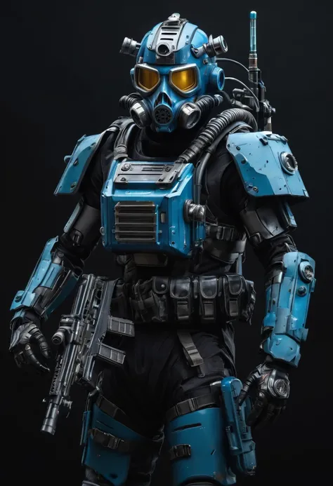 a futuristic automaton, gas mask, antenna on helmet, black color armor, skull markings on armor, radio pack, holding a gun, pouches on armor, grenade bandolier, blue visor, mecha, mechanical parts, military, full body shot, dark background, highly detailed...