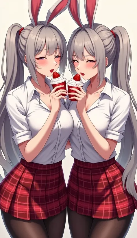 Sexy, attractive, mature twin anime woman sensually eating strawberries and whipped cream, bunny ears, long silver twintail hair, white short crop top button shirt with long sleeves rolled up, underboob, red tartan miniskirt, black pantyhose