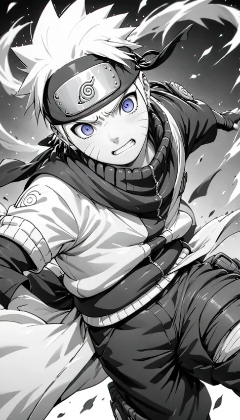 monochrome, pencil drawing, ninja naruto, action effects, break ultra detailed, absolutely resolution, best quality