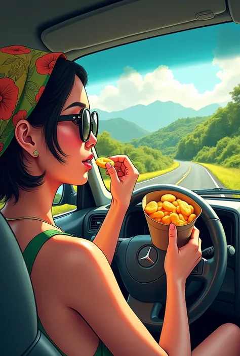 A girl with head scarf and shades, driving alone to Taiping while eating keropok lekor
