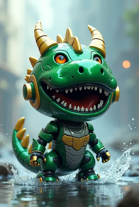 Power rangers Dragon Zord, Chibi style, water, robotic, Green Ranger Dragon Zord, Dinosaur like, metallic, realistic, Blackand silver and Green color scheme