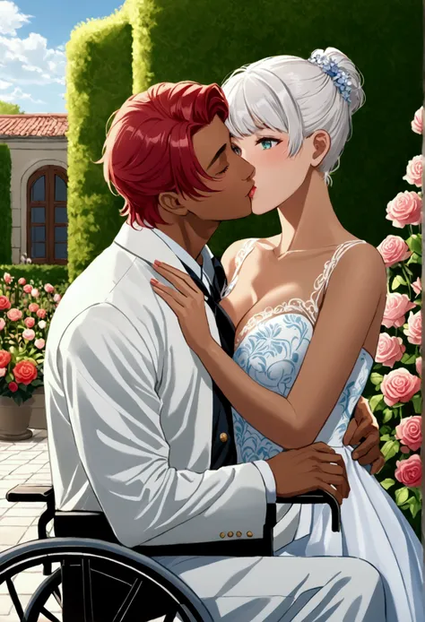 woman in a wheelchair with short red hair and green eyes kissing a muscular brazilian boy with short white hair and blue eyes an...