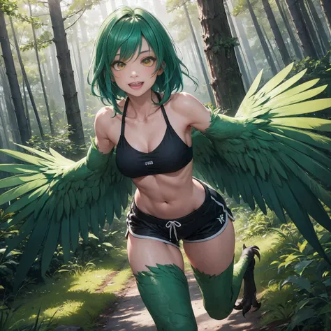 1 woman, solo woman, harpy, emerald green wings, beautiful wings, bird feet, detailed sharp black claws, tanned skin, boyish app...