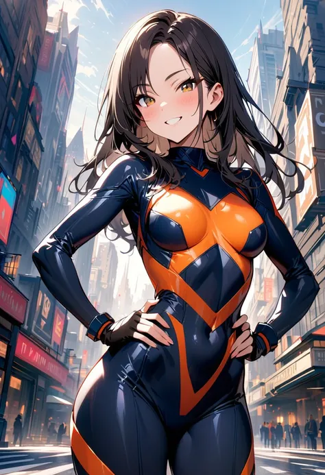 (masterpiece, best quality:1.3), A woman, 23-years-old, solo, Caucasian, (very long wavy black hair, no bangs:1.2), brown eyes, cheerful smile, dark blue superhero suit, black fingerless gloves, hands on hip, city