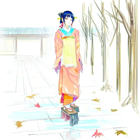 (Oiran((height１０Centimeter Geta))Wearing((Walking with narrow strides))、The reflection of the stone pavement creates a fantastical effect.、Autumn in the garden of a Kyoto mansion、The fallen leaves are shining),,there is a drawing of a woman in a kimono, in...