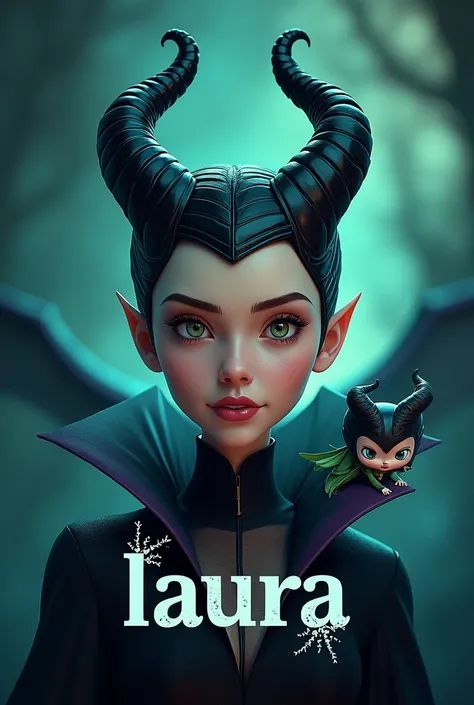 Svrivi "LAURA" in 3d, con dietro Cute Chibi Maleficent, with splashes dark and turquoise. HD with the text ”LAURA"