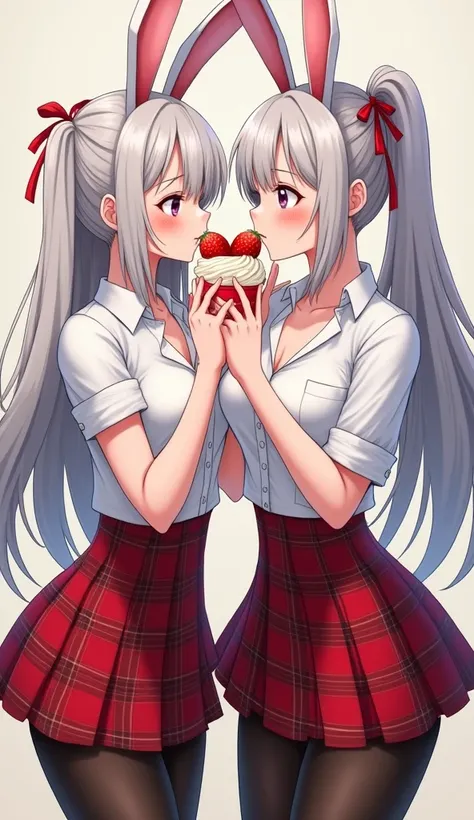 Sexy, attractive, mature twin anime woman sensually eating strawberries and whipped cream, bunny ears, long silver twintail hair, white short crop top button shirt with long sleeves rolled up, underboob, red tartan miniskirt, black pantyhose