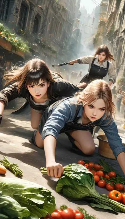 Painting Realism, Photo realism, 8k, Fantasy Digital Art, HDR, UHD. Two girls, vegetables, kitchenware, one in the air and one on the ground, attacking each other, looking fierce