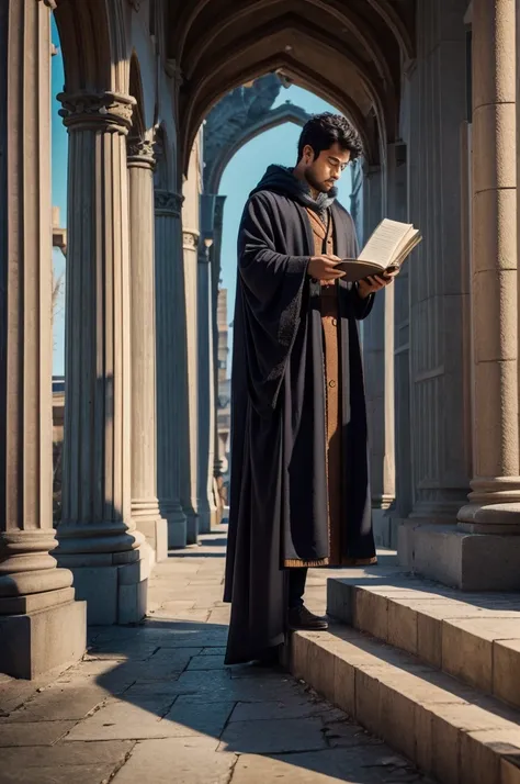 Wizard studying amidst toppled pillars, cartoon style, portrait of --niji 6
