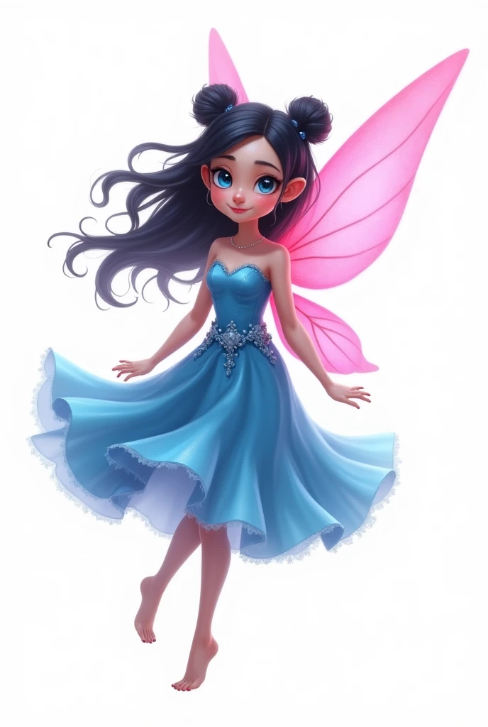 Create front fairy with blue knee-length bell-style dress with black hair two buns on head and blue dress and pink wings PNG transparent background 