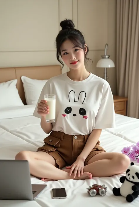 Cinematic photorealistic of a beautiful Korean woman with smooth white skin, perfectly groomed face, hair tied up in a bun with Korean-style bangs, slightly curvy body, ideal, wearing a white t-shirt with a rabbit pattern, brown cargo shorts with lots of p...