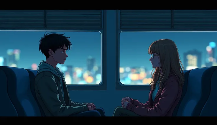 Comic of an anime Description: A romantic scene inside a night train. Luis y carla están sentados en vagones separados. Luis, 2, with short black hair, He is wearing a casual jacket and is lost in his thoughts looking out the window. carla, 2, with long li...