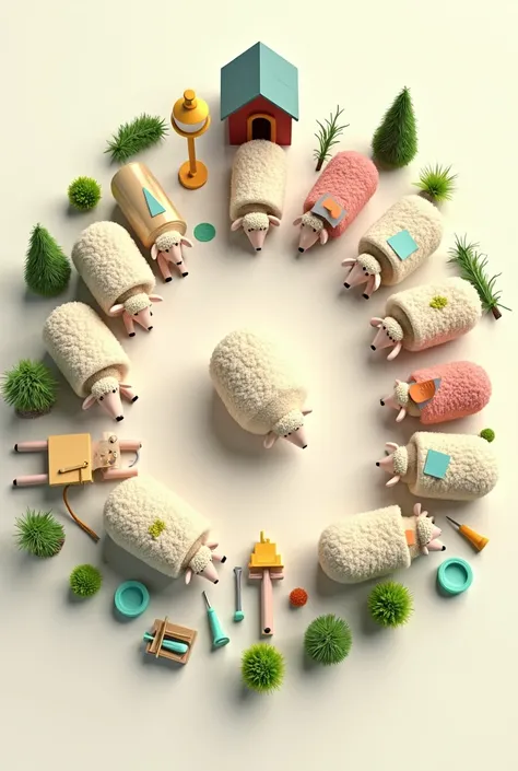 Design a top-down view of various sheep farming tools and equipment, arranged in a neat circular pattern against a light background. Include items such as a heat lamp, notebook, pens, sheep, barn building, grass, sheep feed, water containers for sheep, ear...