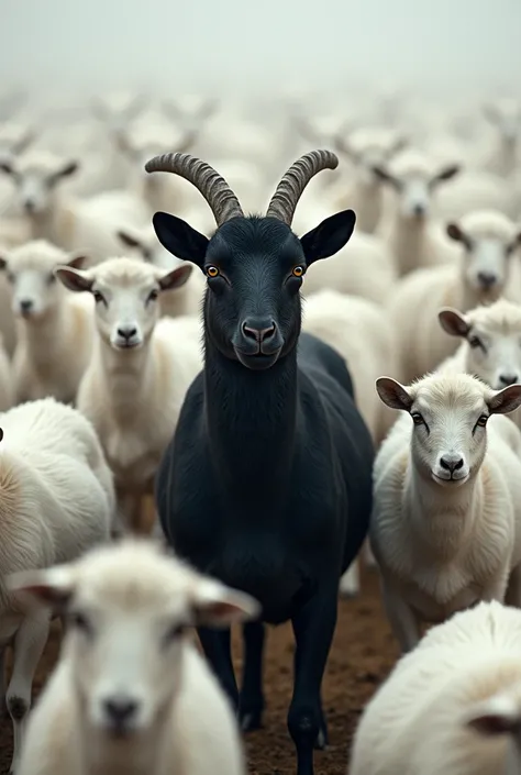 1 black goat standing in crowd of white goats
