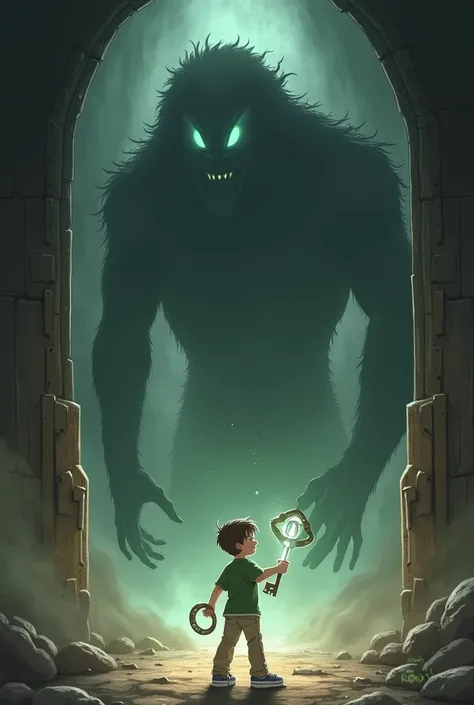 A boy with short brown hair wearing a green shirt, white t-shirt, beige pants and sneakers stands before the ancient door, now fully opened, as the nightmare ancestral emerges. The creature towers over him, a massive, shadowy figure with glowing eyes. Alex...