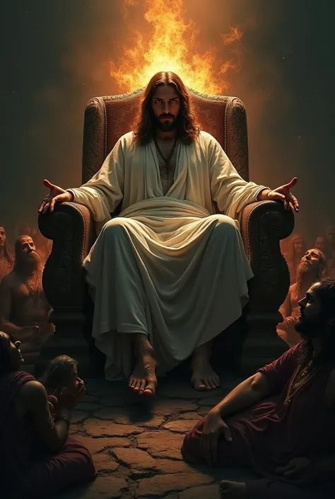 Create an image where Jesus is on a throne (dark jesus) and all Hindu spiritual entities prostrate to him (make your eyes on fire too)