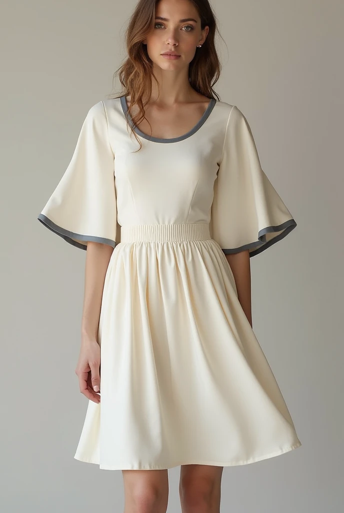 The dress was soft, knee-length with a couple of pleats in the skirt portion. It cinched around the waist and had a scoop neck, with a small grey collar around most of the neck. Her arms were encased in trumpet sleeves that were trimmed in grey to match he...