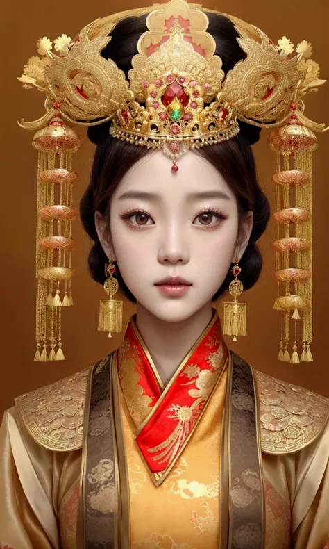 Kim Jisoo from Blackpink, Jisoo wearing a gold and red dress and a gold headdress., traditional chinese, Chinese style, Hanfu, Chinese empress, chinese princess, ancient chinese princess, palace ， a girl in hanfu, wearing ancient Chinese clothing, Gold orn...