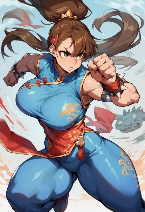 1girls, brown hair, large breasts, blue bodysuit+chinese clothes, huge wide hips, thick thighs, wristbands with spikes, martial ...