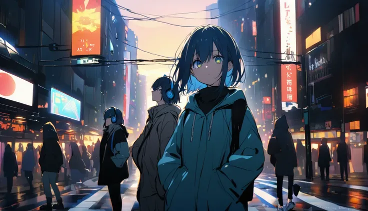 Girl with blue headphones、Standing at Shibuya Scramble Crossing。Her short hair is illuminated by the setting sun、Reflects a little light。The sleeves of the hoodie are a little long、Both hands are in the pockets。Her eyes are fixed on the other side of the i...