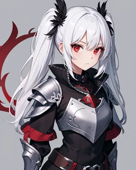 fantasy character, white hair, twin tails, red eyes, black armor, feathered collar