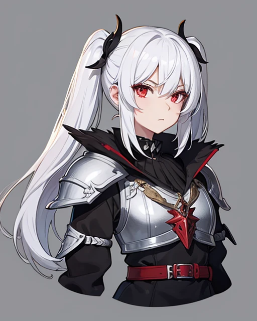 fantasy character, white hair, twin tails, red eyes, black armor, feathered collar