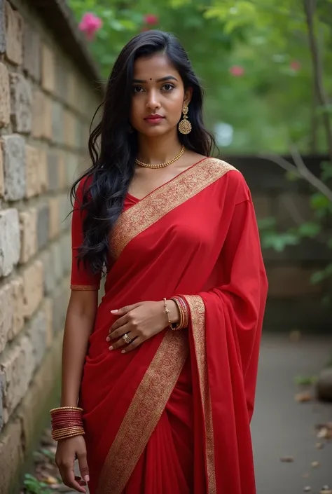 The image is a portrait of a young Indian woman wearing a traditional red saree. She is standing in front of a stone wall with trees in the background. The woman is leaning against the wall with her left hand on her hip and her right hand resting on her th...