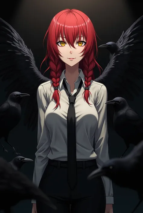 hands (chainsaw man), best quality, ultra-detailed, 1 , Alone, Standing, red hair, long braided hair, golden eyes, fringe, medium breasts, white shirt, black pants, necktie, stare, smile, (evil:1.2), looking at the viewer, (interview:1.3), (dark background...