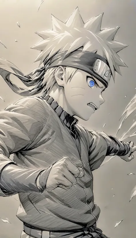 monochrome, pencil drawing, ninja naruto, blonde, action effects, break ultra detailed, absolutely resolution, best quality