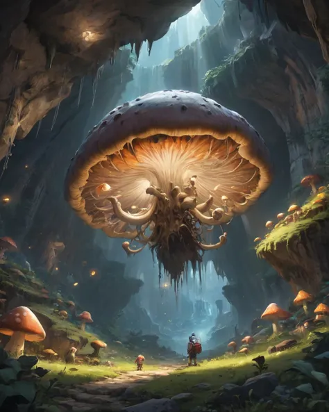 Huge underground cavern、Giant mushroom、Mammoth、On the Cliff、