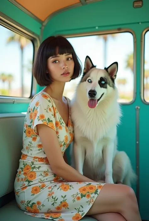 Image is a vibrant, stylized photograph featuring a young woman and a white dog inside a retro-styled vehicle. The woman, with fair skin and short, dark hair with bangs, is seated on a bench, wearing a white floral dress with orange and green patterns. She...