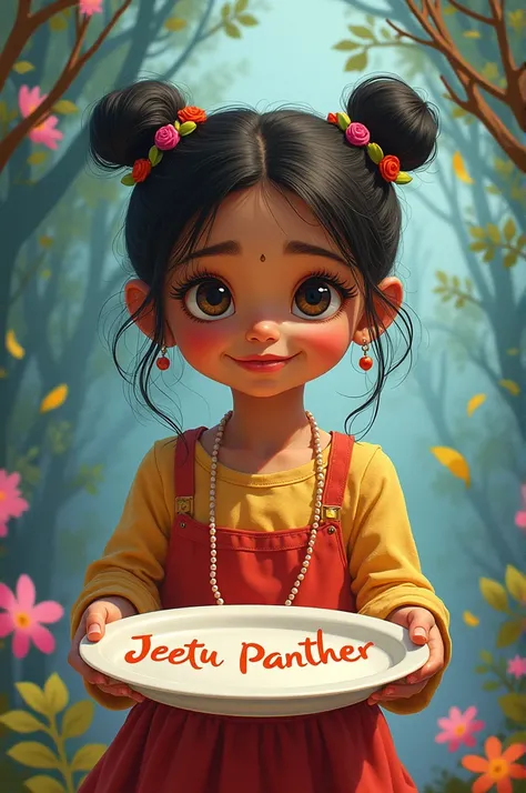 Image to put in YouTube background: Girl holding a plate in her hand on which is written Jeetu Panther