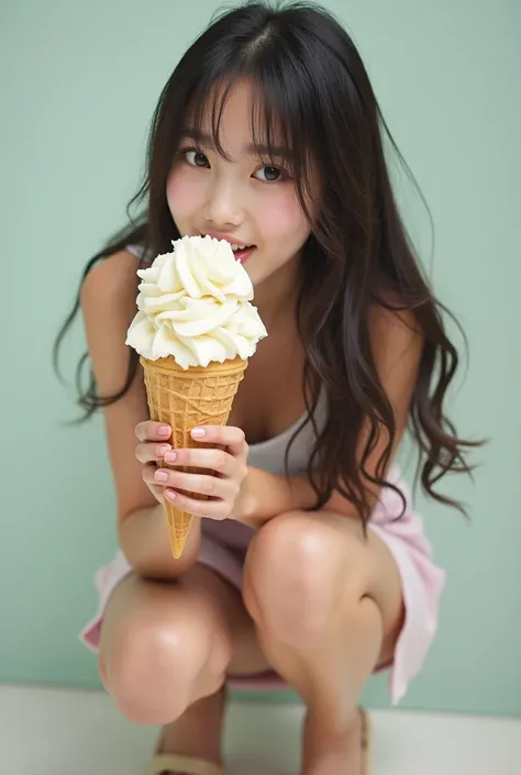 Photo super réaliste d’une adolescente en mini jupe accroupi et qui lèche une énorme glace 