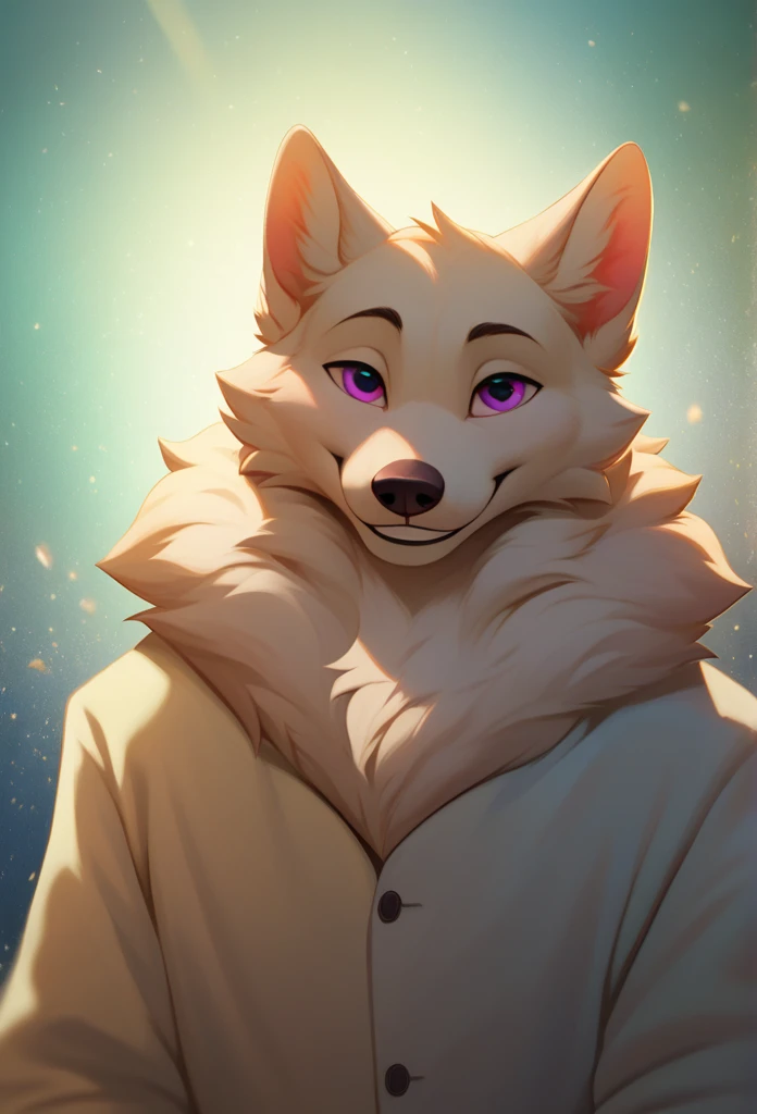 solo male, samoyed, furry, smiling, white fur, fluffy fur, netral, dynamic lighting, illustration, beautiful, particles (high quality,4k,8k,highres,masterpiece:1.2), ultra-detailed, impressionistic:colorful,