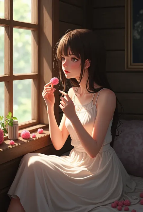 A brunnette girl in white dress eating pink berries while staring out the window of a cabin, and a man who snuck into the house was watching her

