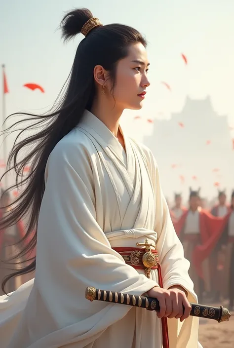 bust，male，Three Kingdoms，Zhou Yu，Red and white clothes，Clothes are mainly white，，Simple clothes youthful，No beard，No beard，On the war zone，Eyes looking into the distance，male，One-handed sword，Noble、Handsome、Festive，Happy look，No decoration，No beard