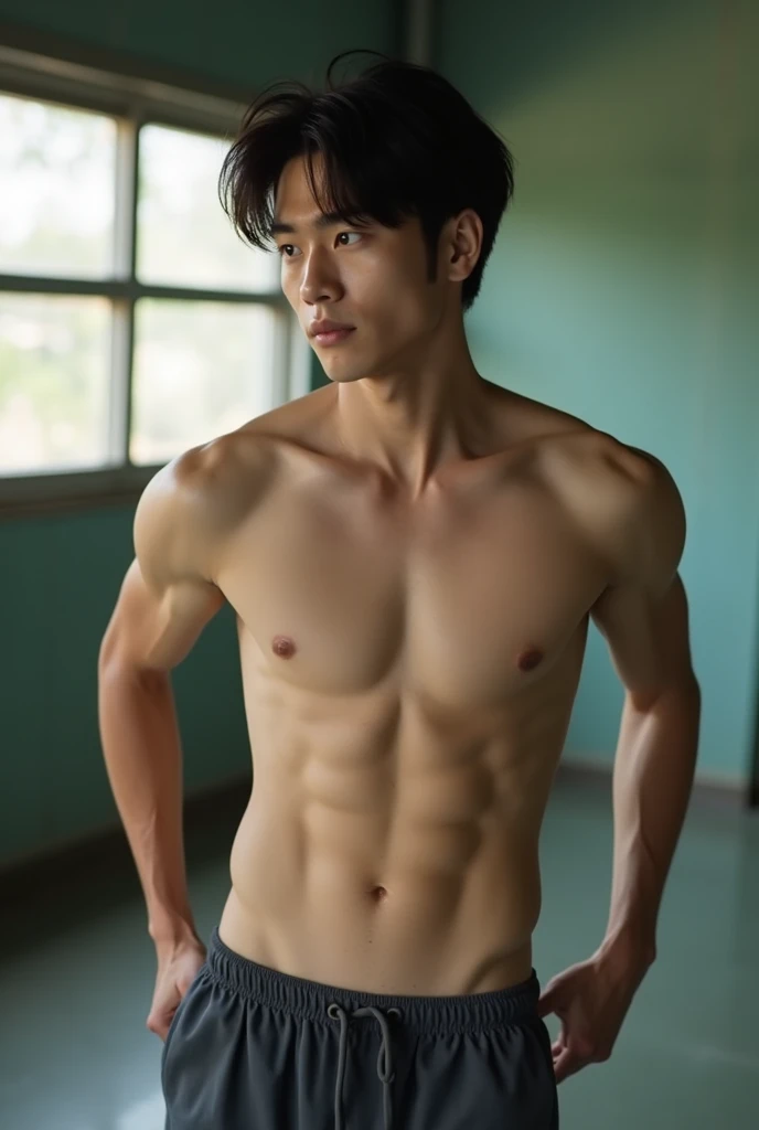 live-action、Realistic、Photorealistic、Lower body naked、Japanese handsome man、Cool Japanese high school boys、A beautiful, white-skinned man、Dark brown haired boy、(((Naked Man))), (((19, slim, Muscular, fit, ))), (((Toned Six Pack))), ((((Cool gymnast showing...