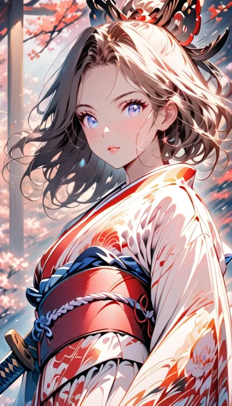 A modern touch painting. A full body drawing of a beautiful anime-style female samurai. She is wearing a traditional Japanese kimono. She is wearing a delicately designed traditional Japanese kimono and holding a short sword. She looks at the viewer.fluore...