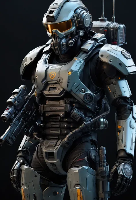 a futuristic automaton, mechanical body, augmentations, shoulder camera, rebreather, antenna on helmet, visor, skull markings, black colored armor, radio pack, holding a gun, pouches, grenade belt, mecha, mechanical parts, military, full body shot, dark ba...