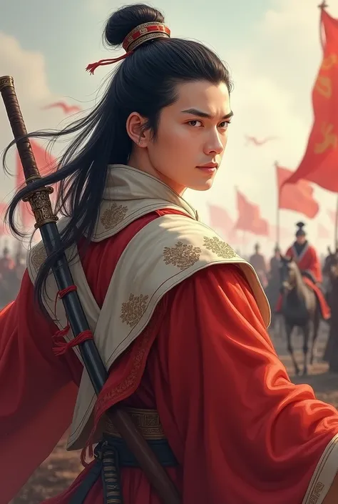 bust，male，Three Kingdoms，Zhou Yu，Red and white clothes，Simple clothes youthful，No beard，No beard，On the war zone，Eyes looking into the distance，male，One-handed sword，Noble、Handsome、Festive，Happy look，No decoration，No beard