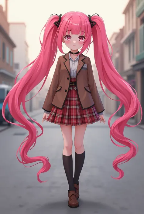 Meet Me-style character girl、Long twin tails and pink hair、Dress code: brown blazer、Checked Skirt、Knee socks
